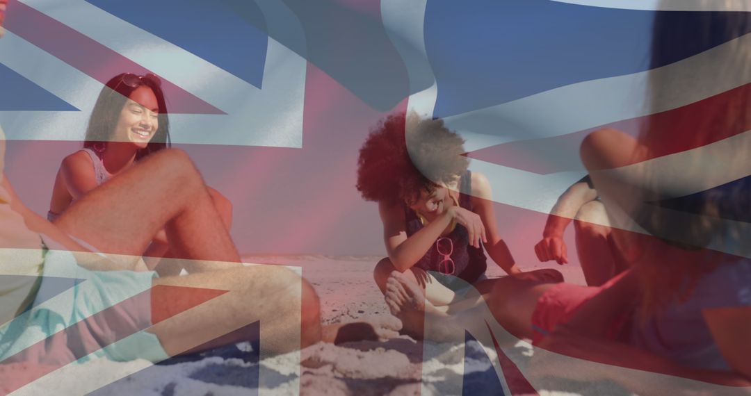 Friends Enjoying Beach Picnic with Superimposed British Flag - Free Images, Stock Photos and Pictures on Pikwizard.com