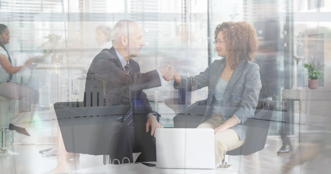 Dynamic Business Meeting Overlay with Busy City Life