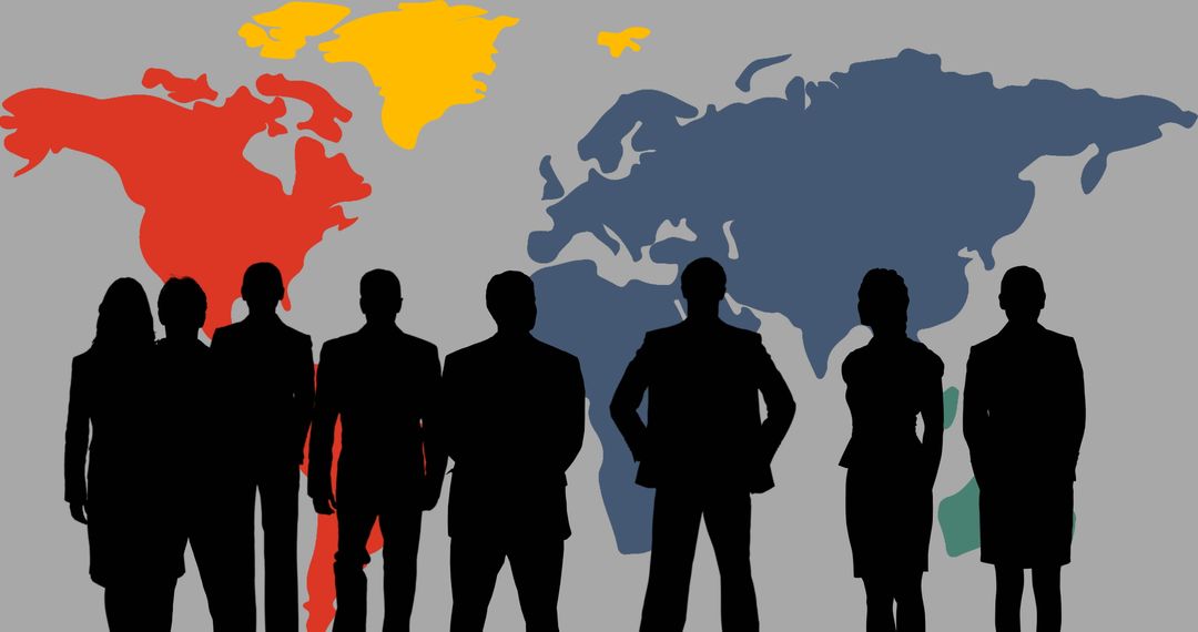 Global Business Concept with Businesspeople Silhouettes and World Map