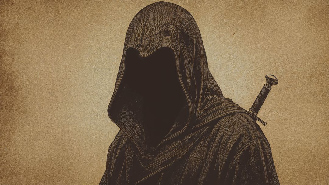 Mysterious hooded assassin figure with sword on parchment background