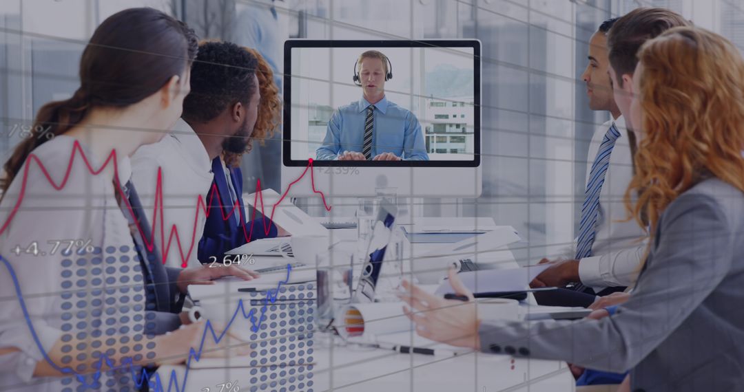 Diverse Team in Virtual Meeting with Financial Graphs Overlay