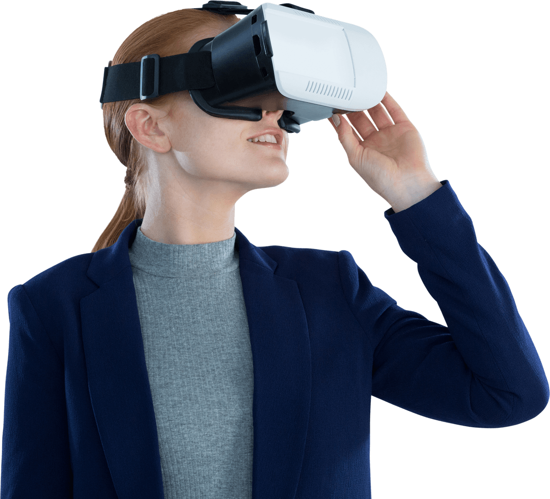 Businesswoman Utilizing Transparent Virtual Reality Headset Innovation