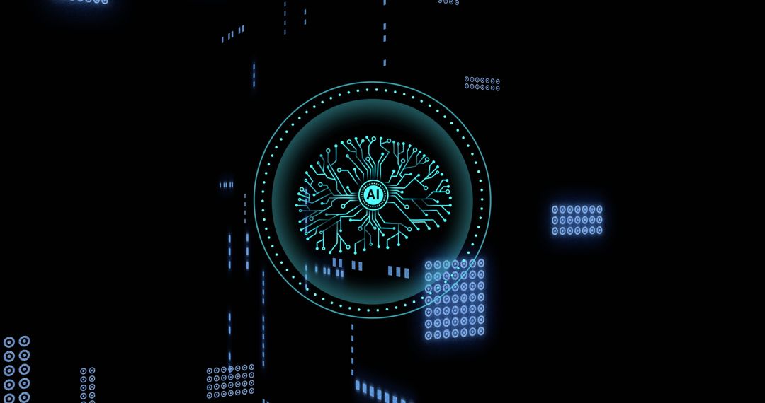 Futuristic AI Circuit with Digital Data on Black Background