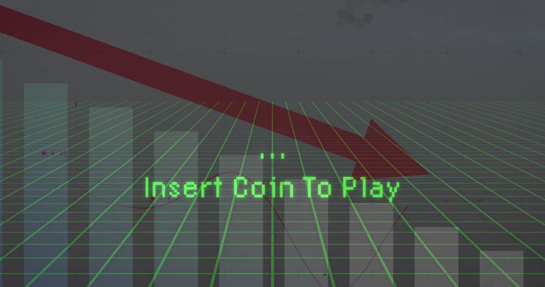 Retro Gaming Concept Over Financial Charts with Red Arrow