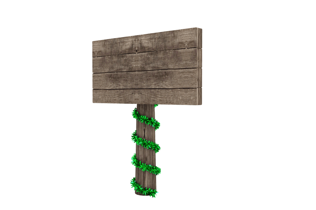 Empty Wooden Signboard with Christmas Tinsel on Transparent Background