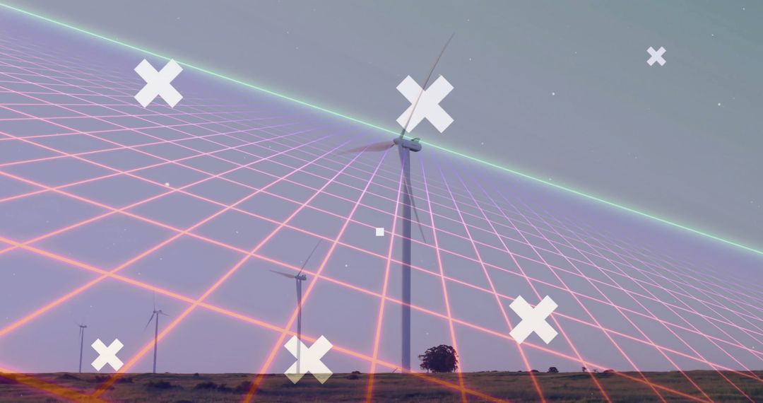 Futuristic Wind Turbine with Neon Grid and Symbols