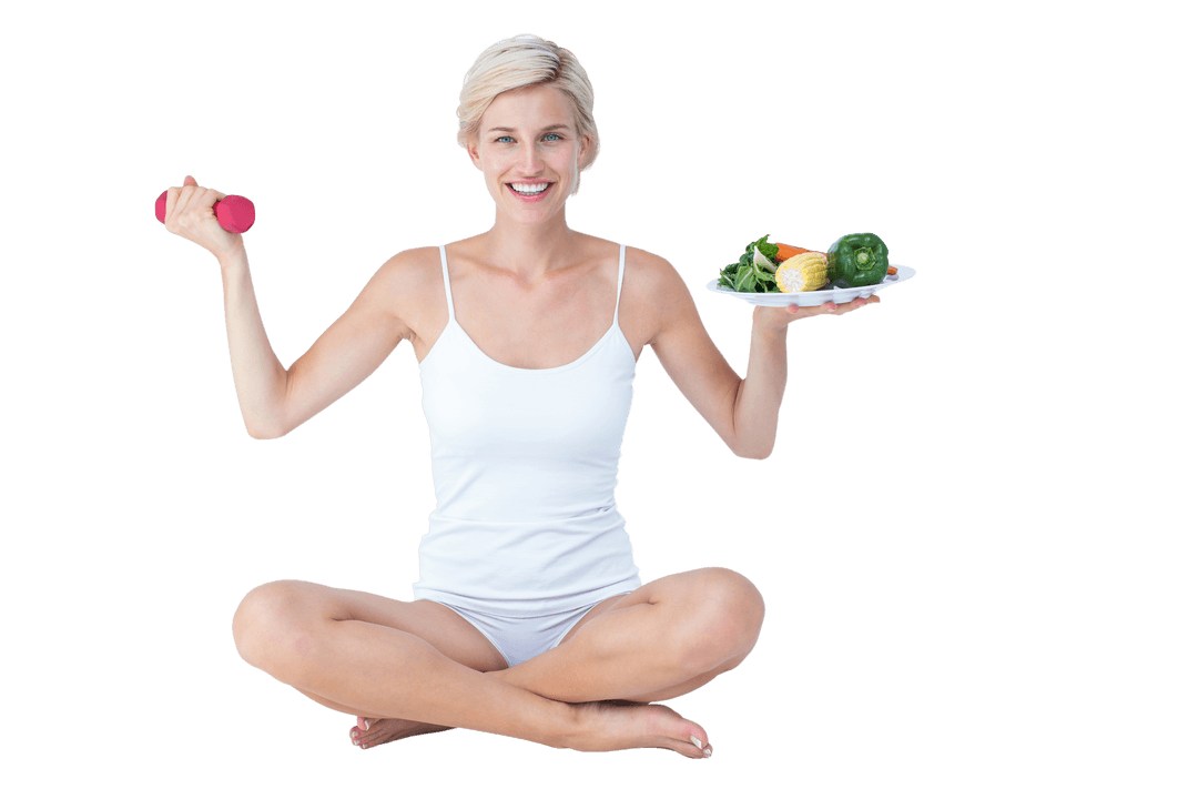 Transparent Woman Balancing Healthy Lifestyle Objects