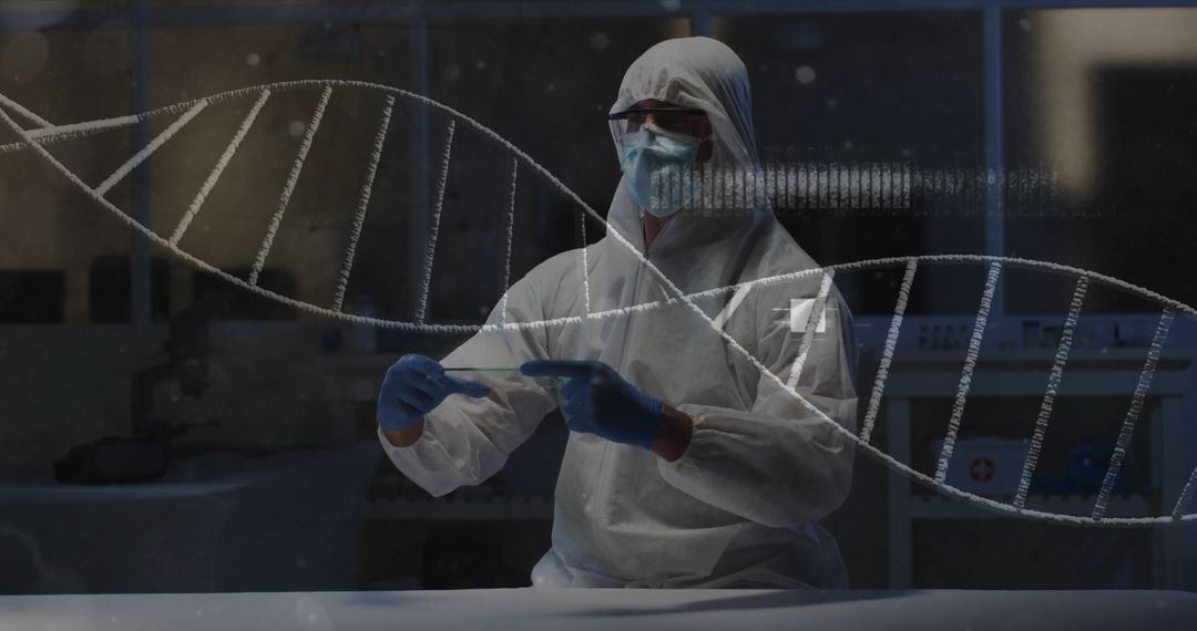 Scientist in Protective Suit Analyzing DNA Structure in Advanced Lab