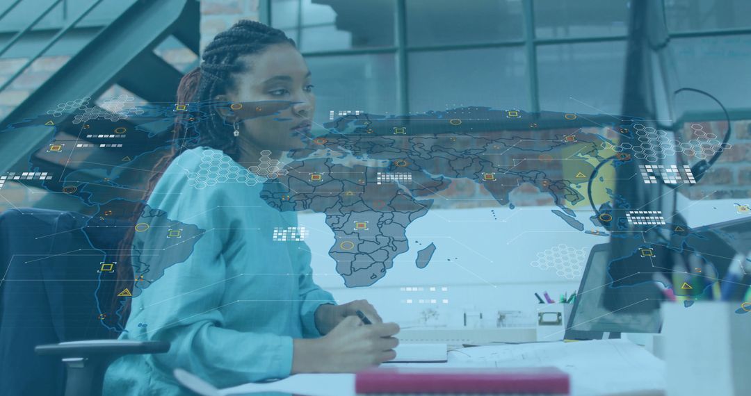 Businesswoman Analyzing Digital World Map Interface in Office