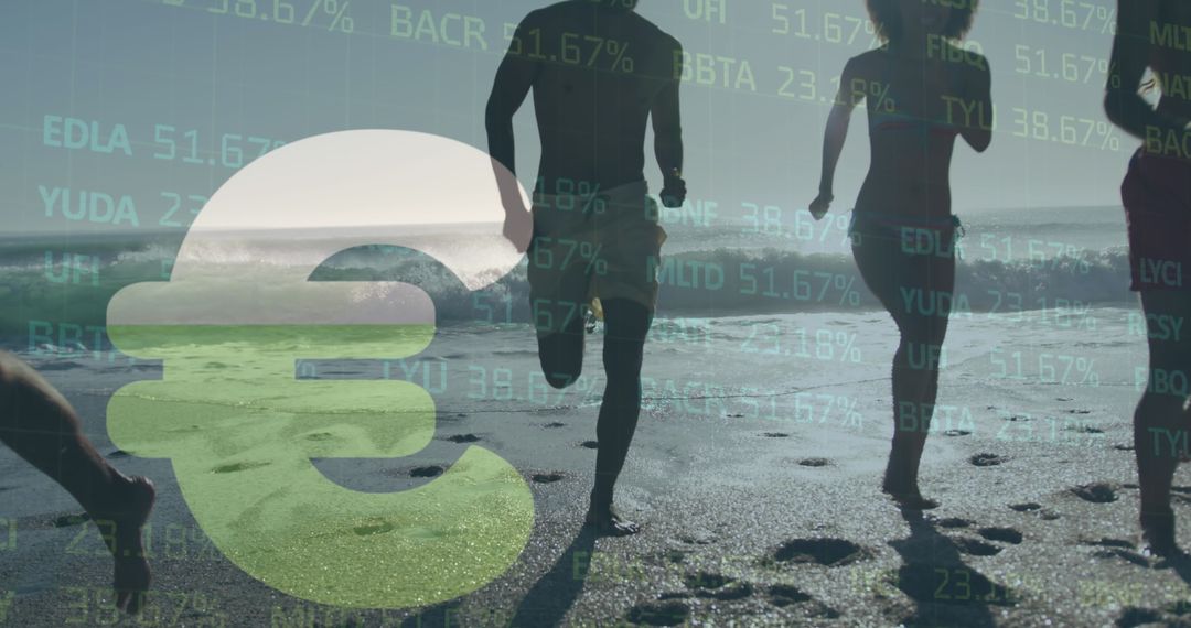 Euro Symbol Over Friends Running on Beach, Financial Data Overlay