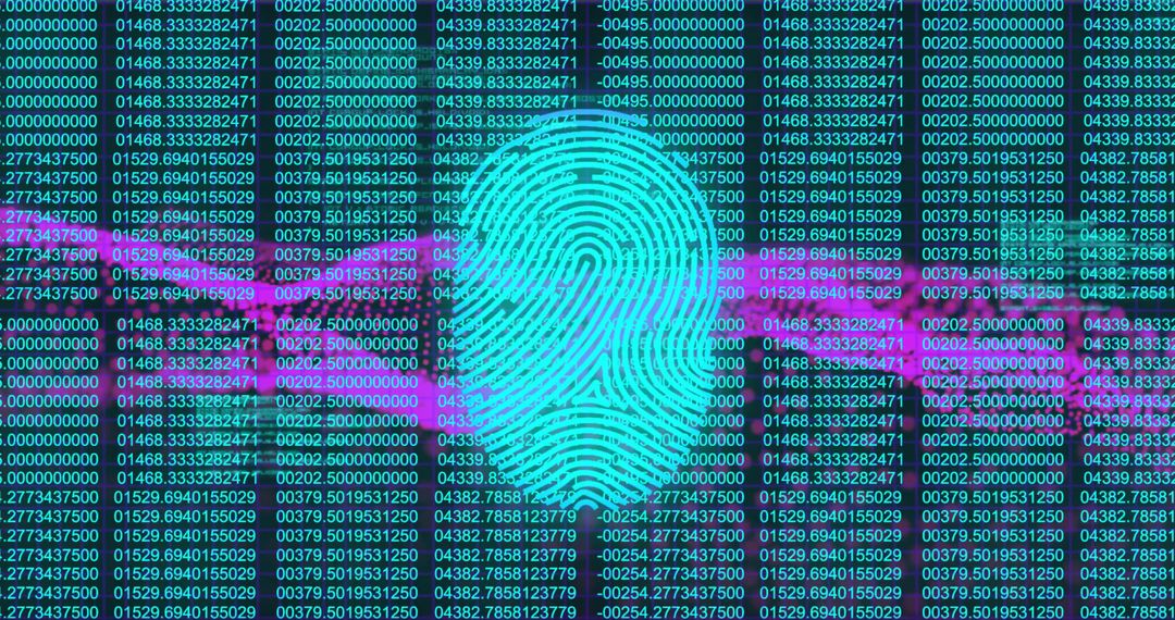 Cyan Fingerprint Icon on Digital Interface with Numeric Data and Security Theme