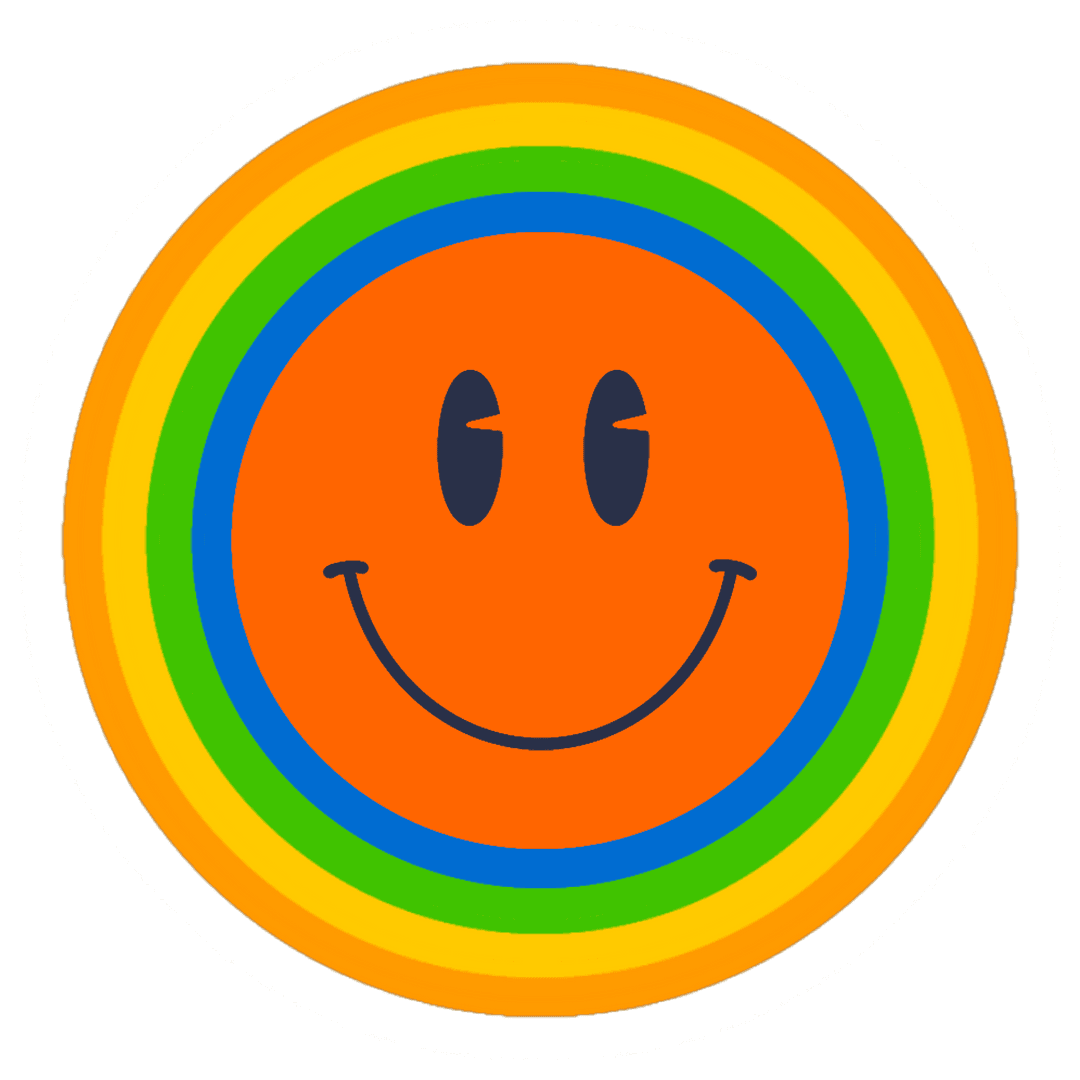 Orange Smiley Face with Radiant Rainbow Ribbons on Transparent Background