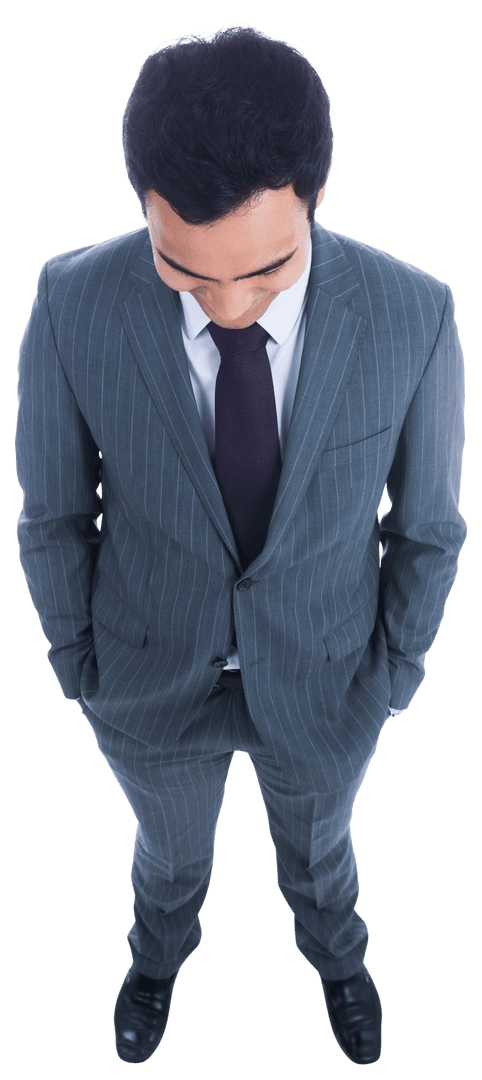 Standing Biracial Businessman on Transparent Background Looking Down