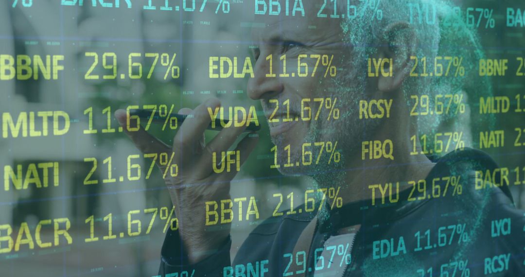 Businessman Using Smartphone with Virtual Stock Market Data Interface