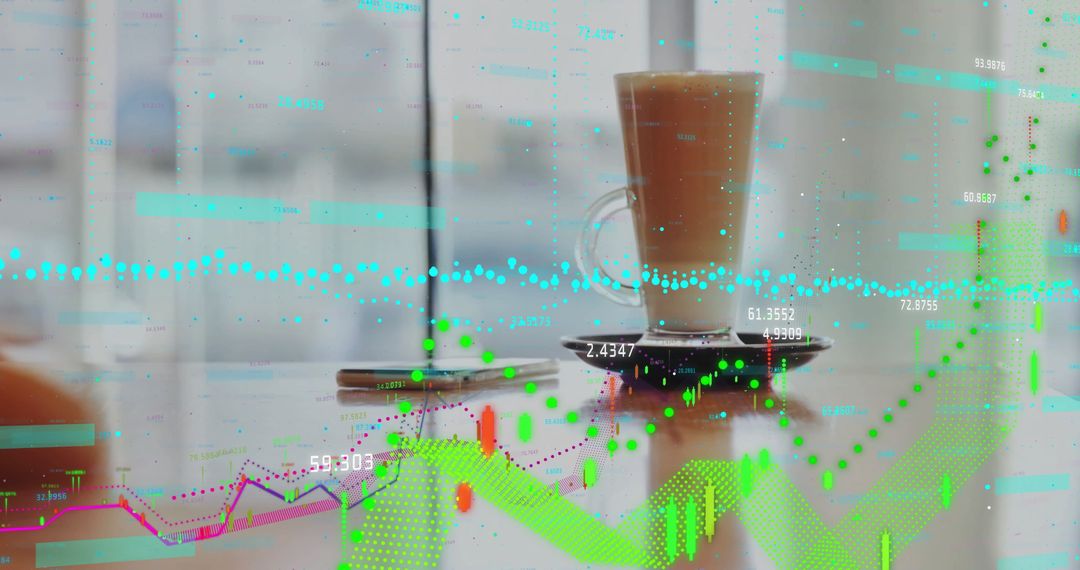 Modern Cafe Workspace with Digital Analytics Overlay