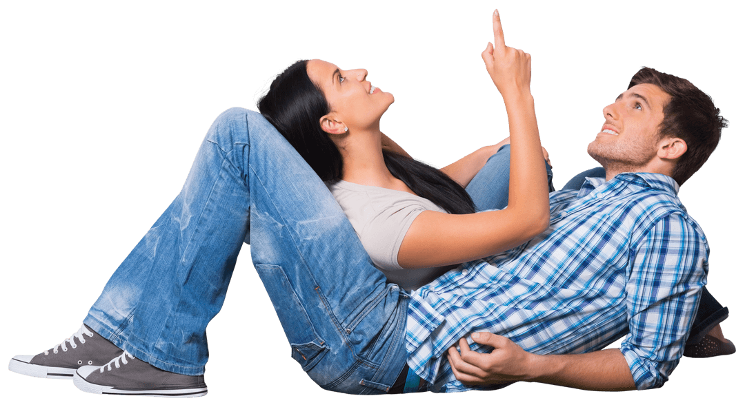 Caucasian Couple Smiling Looking Up Gesturing Transparent Background