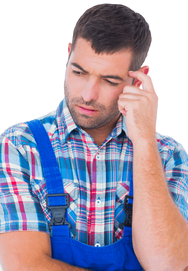 Caucasian Male Worker Thinking on Transparent Background