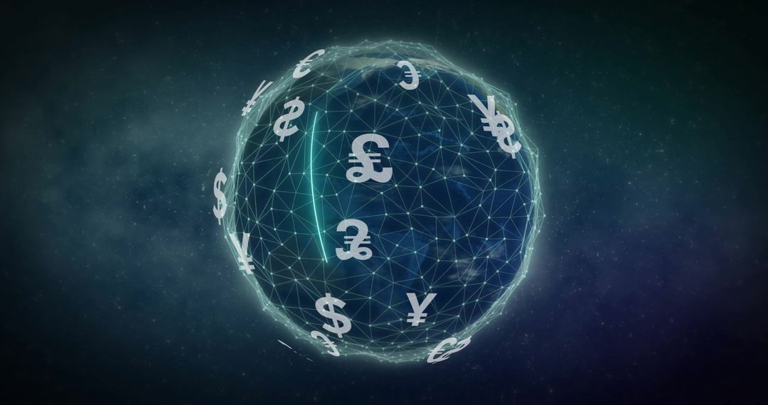 Global Financial Network Sphere with Currency Symbols