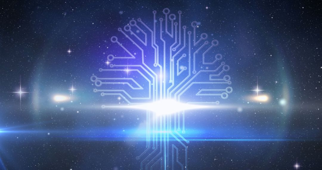 Futuristic Digital Circuit Tree Glowing in Space
