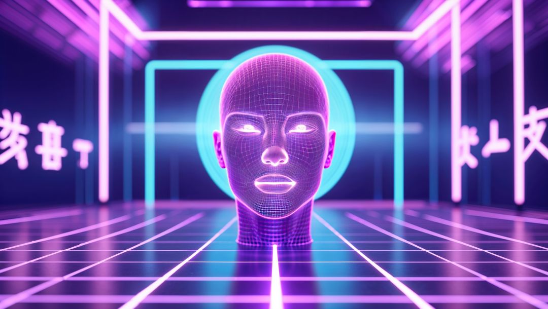 Futuristic Wireframe Head Model with Neon Accents in AI-Chamber