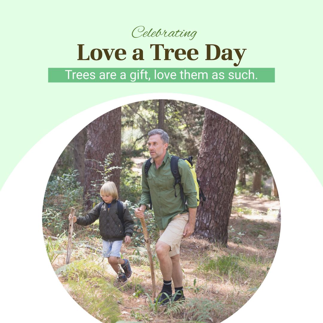 Father and Son Hiking in Forest Celebrating Love a Tree Day