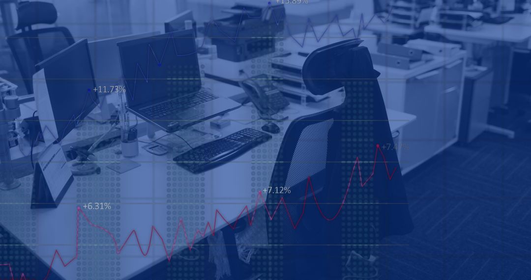 Digital Financial Data Overlaying Modern Office Space