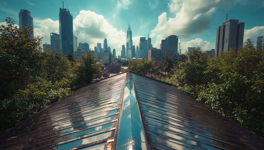 Urban Skyline Over Glass and Metal Greenhouse Roof
