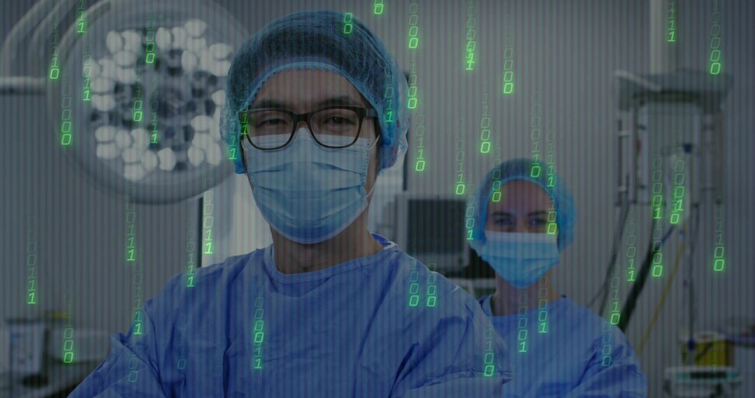 Surgeon with Digital Code Overlay in Operating Room Atmosphere