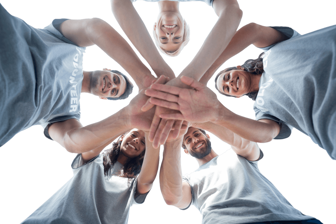 Diverse Volunteers Showing Unity with Hands Touching on Transparent Background