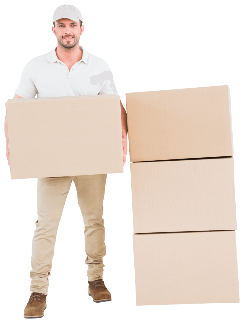 Smiling Delivery Man Holding Box with Transparent Background