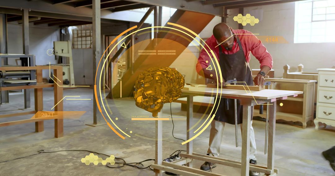 Carpenter Using Augmented Reality Brain HUD While Measuring Wood Panel in Workshop