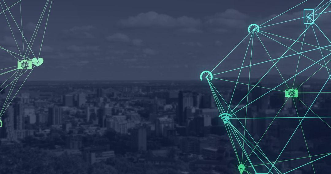 Digital Network Overlay on Urban Cityscape with Financial Icons