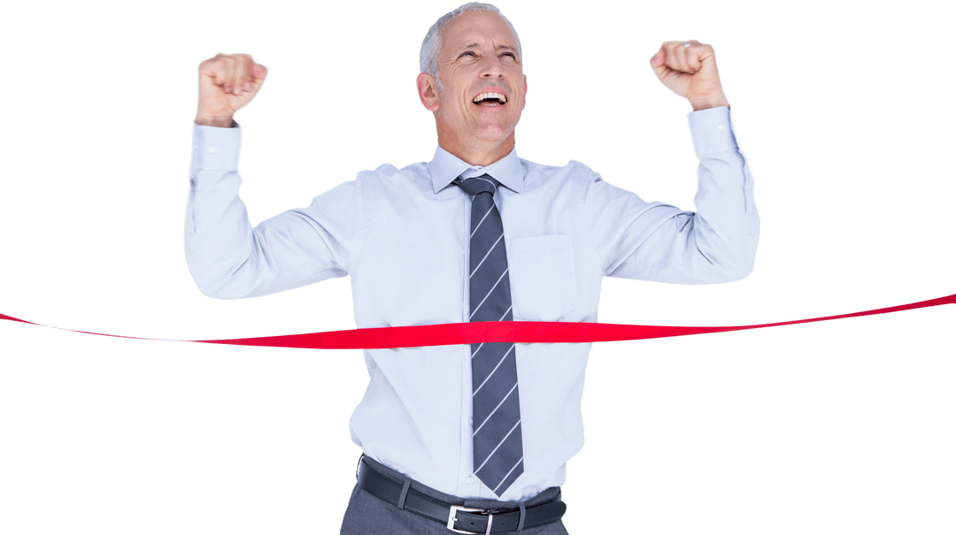 Triumphant Businessman Crossing Finish Line on Transparent Background