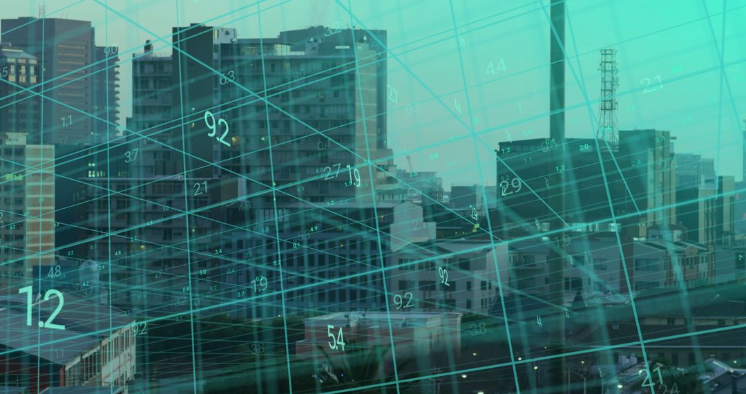 Futuristic Urban Skyline with Digital Data Grid Overlay
