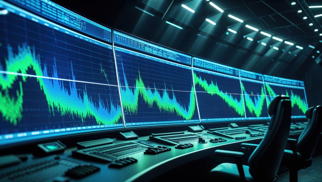 Futuristic control room with multi-monitor displays, seismograph concept