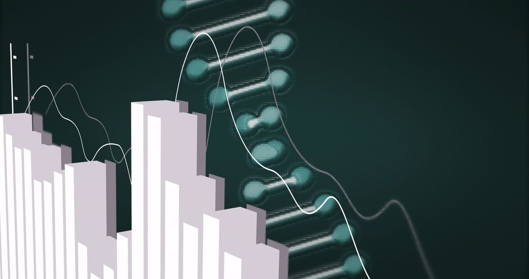 3D Bar Chart Overlaying DNA Helix Visualizing Genomic Data Trends for Biotech Analytics