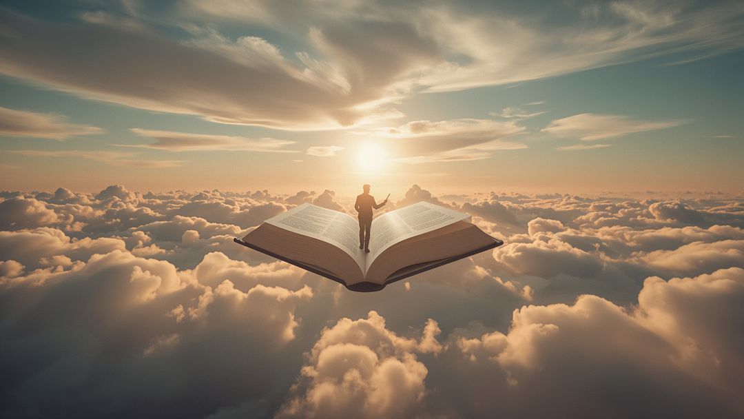 Silhouette on a Floating Book Over a Dreamlike Cloudscape
