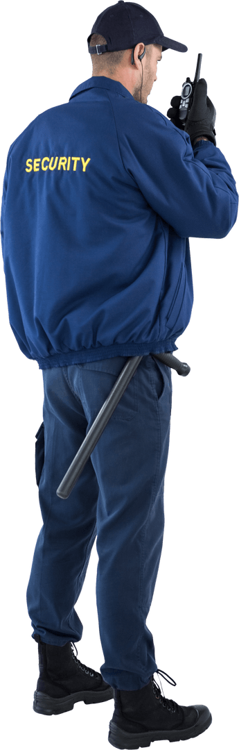 Transparent security officer in uniform using walkie talkie