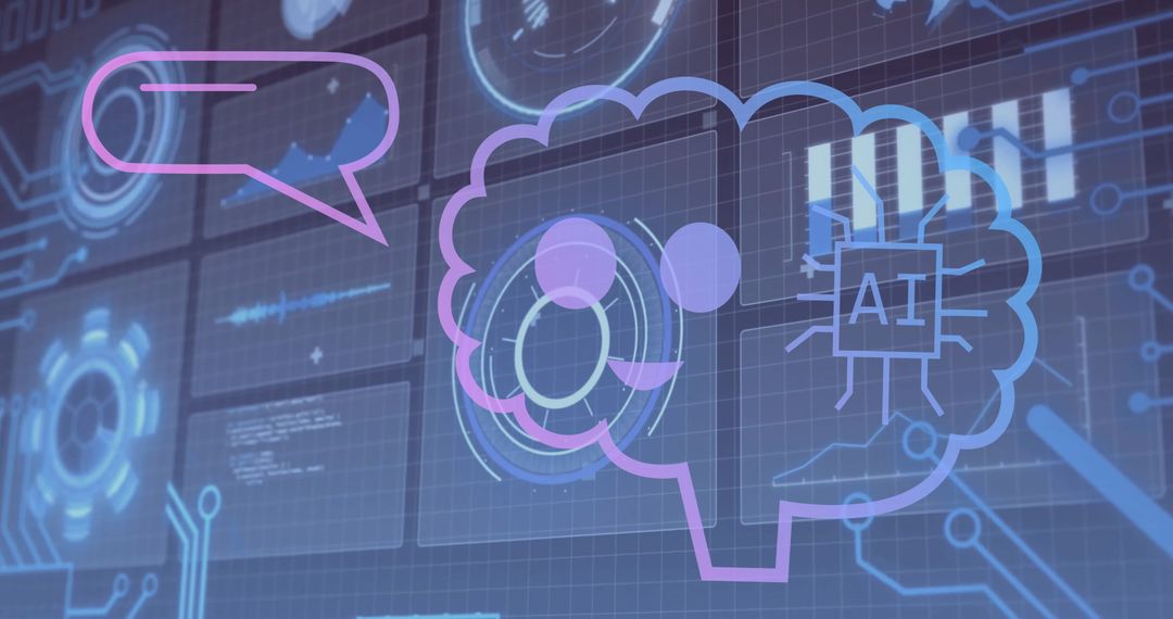 Futuristic AI Brain with Speech Bubble and Data Visualizations