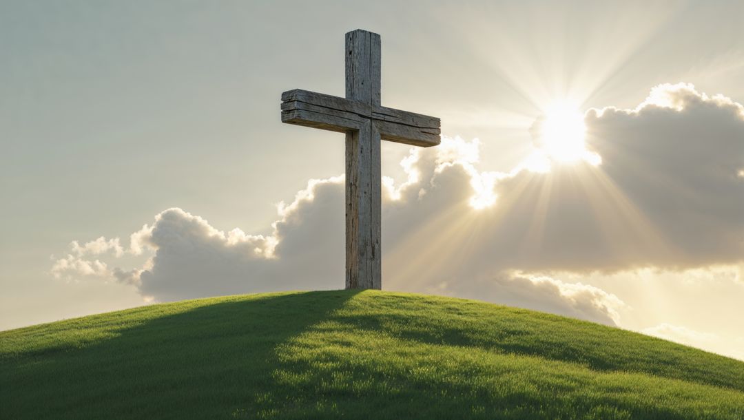 Wooden cross on tranquil hill with sun rays and clouds reflecting the sacrifice of jesus