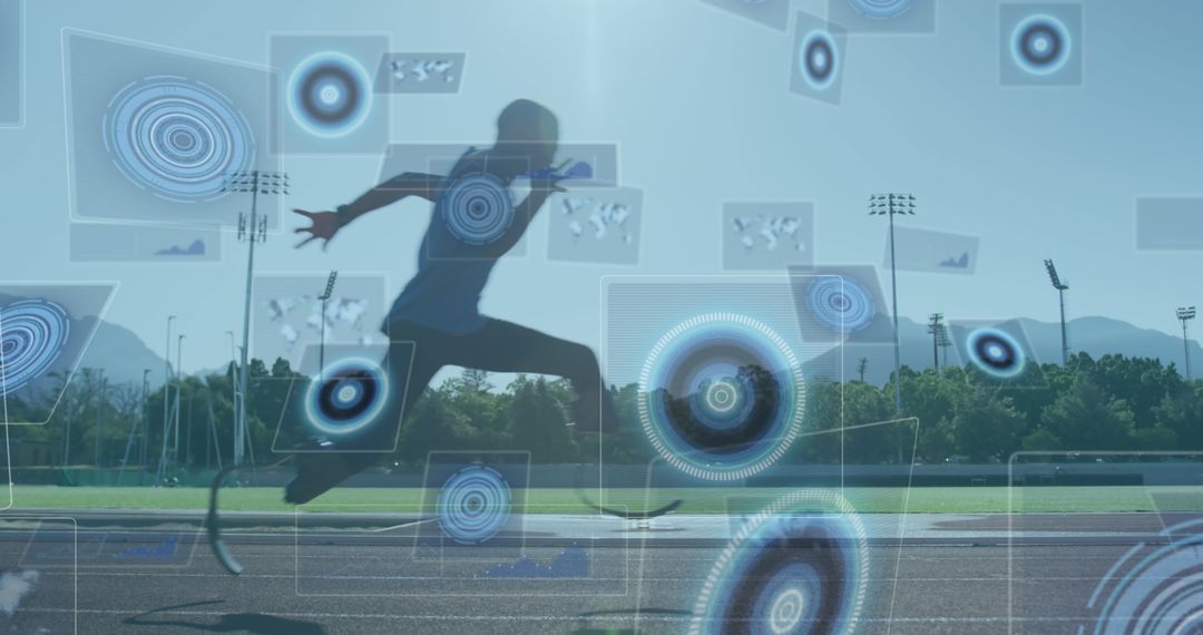 Disabled Athlete with Data Overlay Running on Track