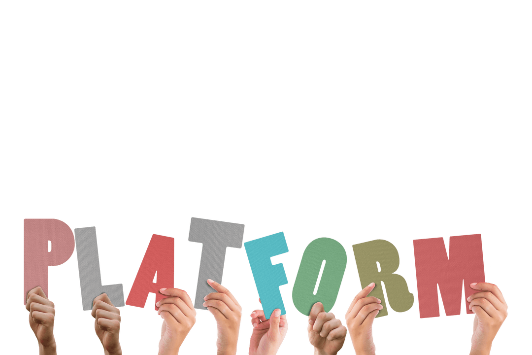 Transparent Hands Showcasing Colorful Letters Spelling Platform