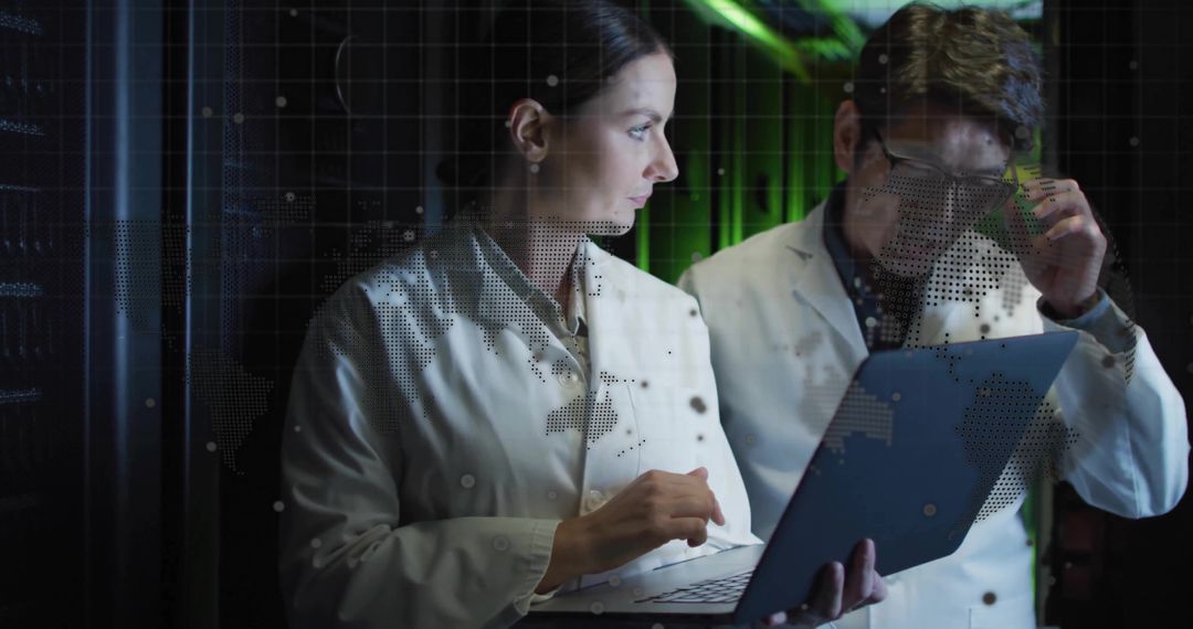Scientists with Laptop Examining Server Technology and Cybersecurity