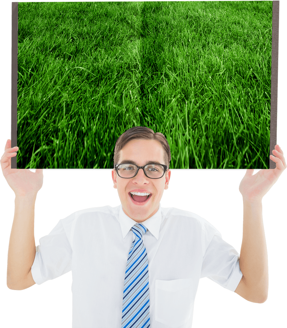 Happy Businessman Holding Transparent Nature Display Board