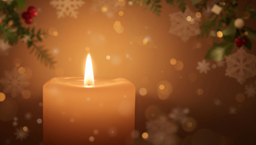 Glowing pillar candle melting on mantel with pine sprigs and red berries, festive warmth