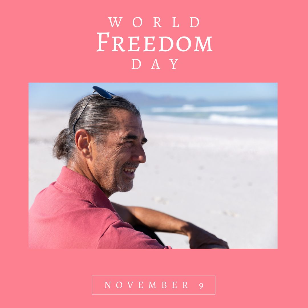 Celebrating World Freedom Day with Senior Man Enjoying Beach