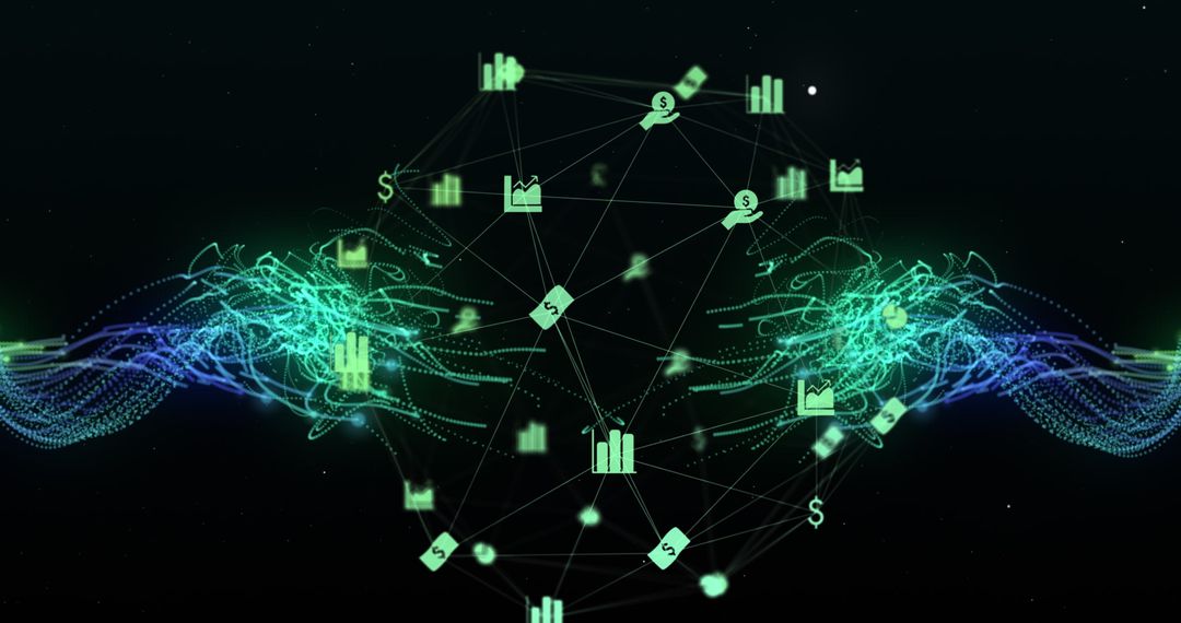 Digital Network Mesh with Glowing Energy Currents and Icons