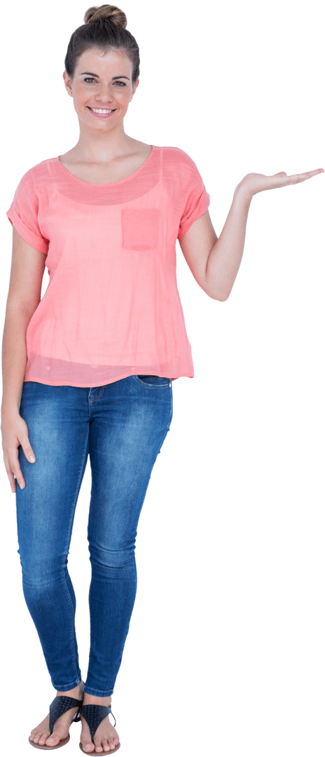 Smiling Woman Presenting With Open Palm in Casual Outfit on Transparent Background