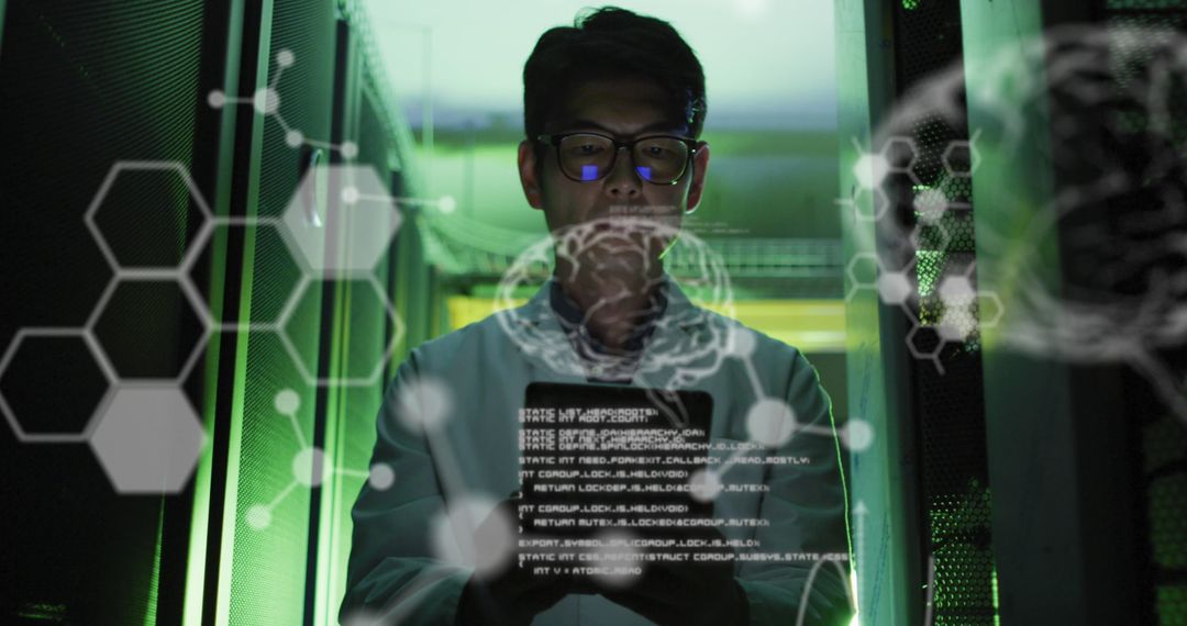 Data Analyst Engaging with Virtual Holograms in Dark Data Center