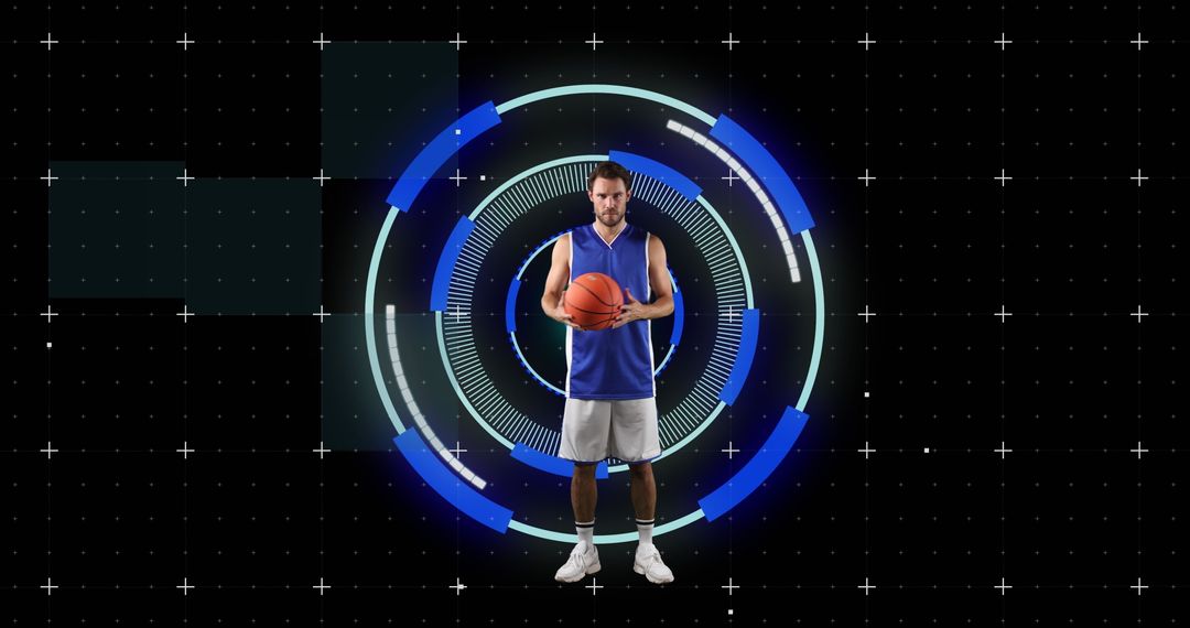 Futuristic Basketball Player Analyzing Digital Interface